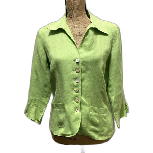 Talbots Petites Irish Linen Blazer Lightweight Lime Green Summer Size 10P - Picture 1 of 4